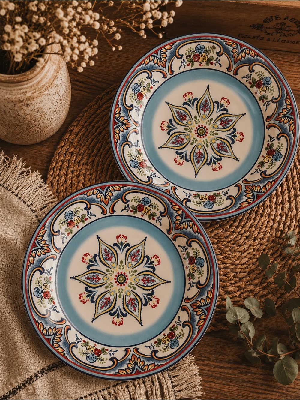 Euro Ceramica Zanzibar Blue Floral Ceramic Dinner Plates 2 Floral Tuscan Boho